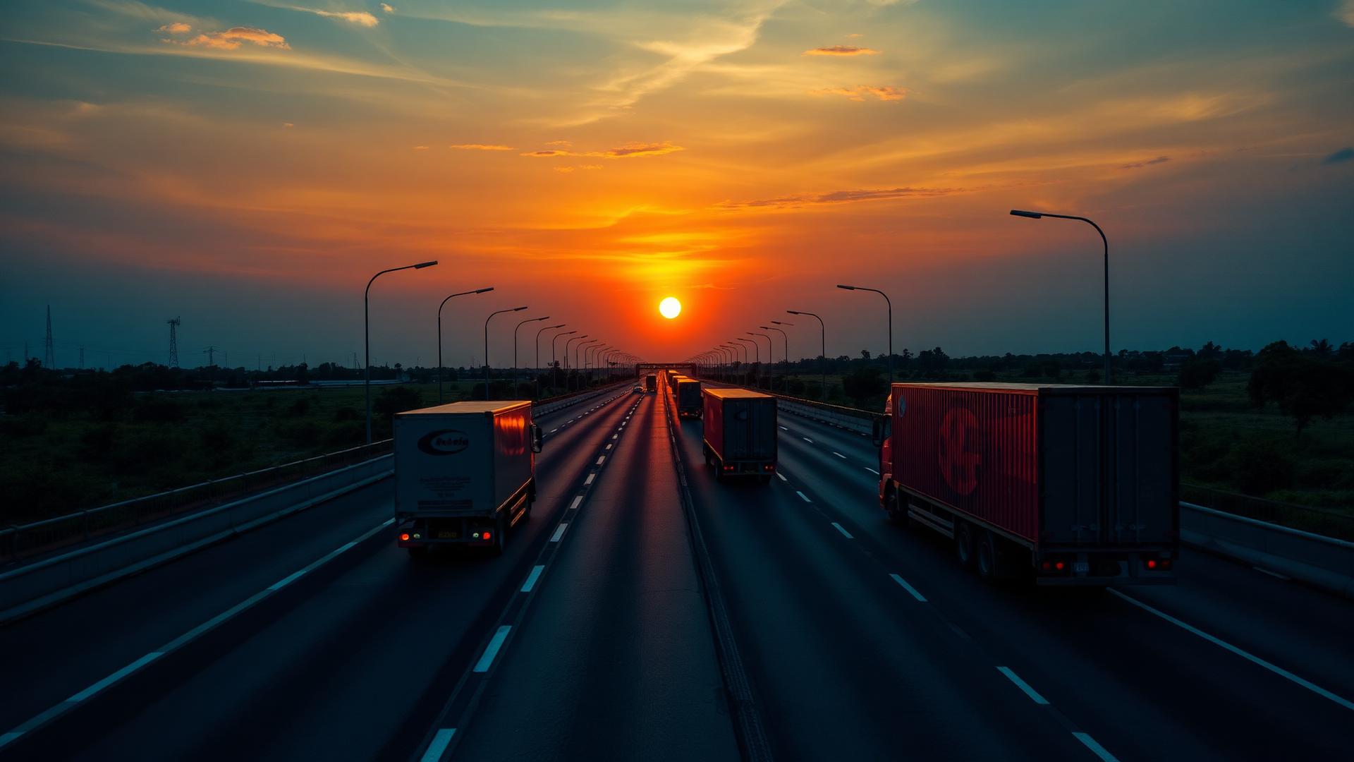 Rodovia brasileira ao pôr do sol com caminhões da ABS Log